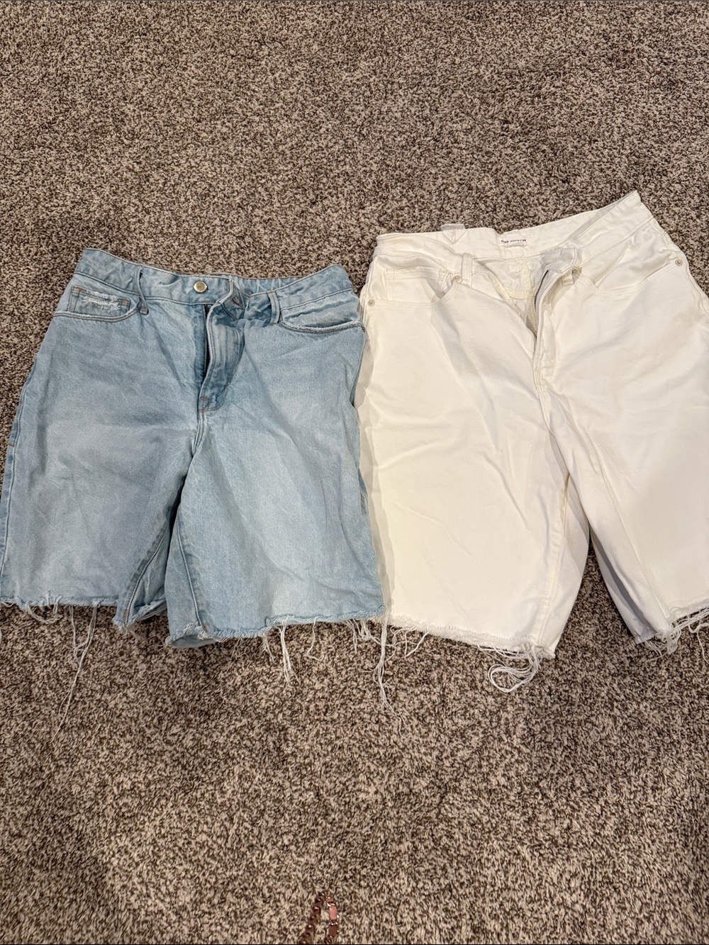 Good American Light Blue Denim and White Frayed Hem Shorts